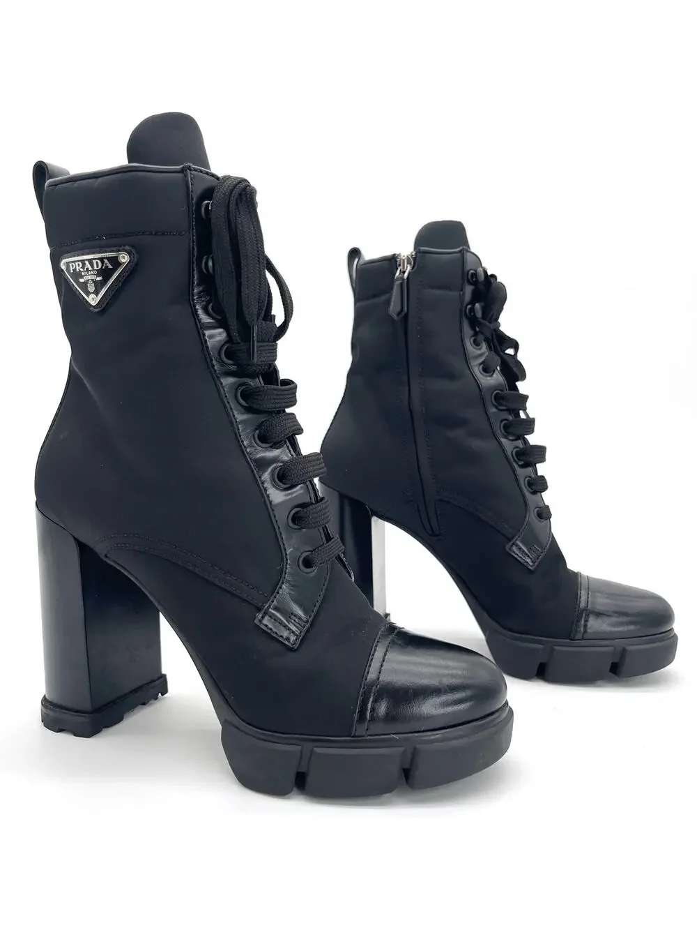 Prada Black Spazzolato Leather Re-Nylon Triangle Logo Lug Sole Ankle Boots IT 40 - Picture 1 of 13